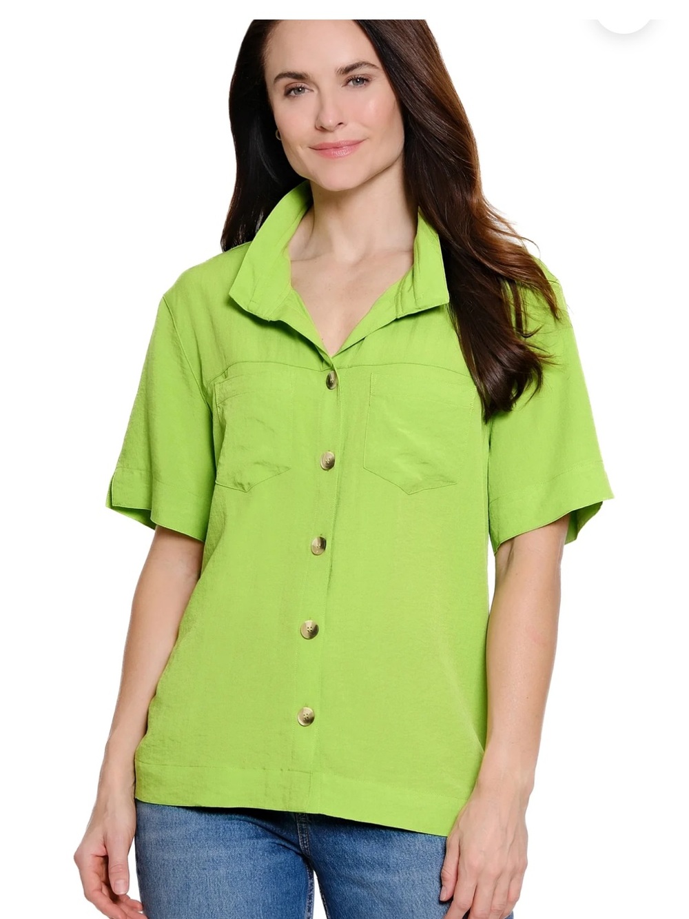 John Mark Bright Lime Short-Sleeve Button Front Top - Women
